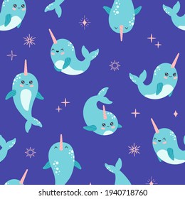 Kawaii narwhal seamless pattern, cute baby whale characters. Marine life, wild ocean animals with horn in pastel color, modern trendy vector flat cartoon illustration on blue background, repeat design