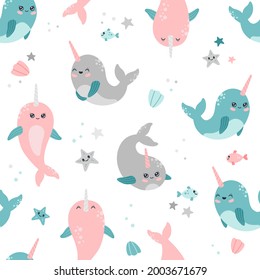 Kawaii narwhal, starfish and shells seamless pattern, cute baby whale characters. Sea life, ocean animals with horn, modern trendy vector flat cartoon illustration on white background, repeat design