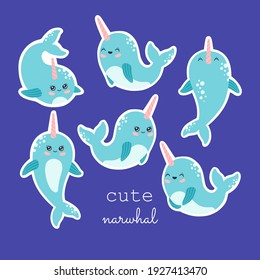 Kawaii narwhal sticker collection, cute baby whale set. Hand drawn ocean animals with pink horn bundle, pastel color, modern trendy vector illustration, flat cartoon style, isolated on blue background