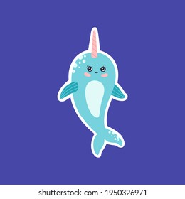 Kawaii narwhal concepto de sticker, lindo personaje de ballena bebé. Animales oceánicos de dibujos a mano con cuerno rosa, color pastel, ilustración vectorial moderna de moda, estilo de dibujos animados planos, aislados en fondo azul