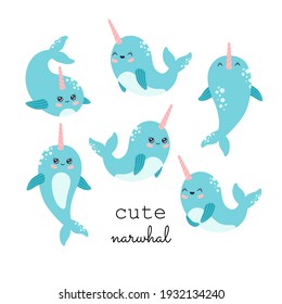 Kawaii narwhal stickers collection, cute baby whale set. Funny ocean animals with pink horn bundle in pastel color, modern trendy vector illustration, flat cartoon style, isolated on white background
