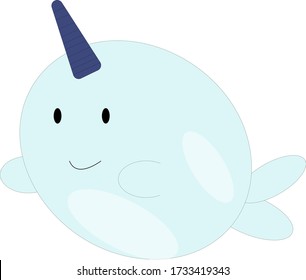 Kawaii narwhal vector illustration on white isolated background. Narwal whale kawaii illustration. 