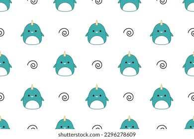 Kawaii narwhals on seamless pattern. Squishmallow. Background with narwhal. Kawaii, vector. Isolated vector illustration eps 10