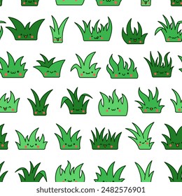 Kawaii natural lawn grass. Seamless pattern. Cartoon cute garden characters. Hand drawn style. Vector drawing. Design ornaments.