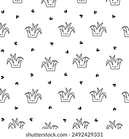 Kawaii natural lawn grass. Seamless pattern. Coloring Page. Cartoon cute garden characters. Hand drawn style. Vector drawing. Design ornaments.