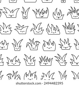 Kawaii natural lawn grass. Seamless pattern. Coloring Page. Cartoon cute garden characters. Hand drawn style. Vector drawing. Design ornaments.