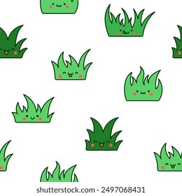 Kawaii natural lawn grass. Seamless pattern. Cartoon cute garden characters. Hand drawn style. Vector drawing. Design ornaments.