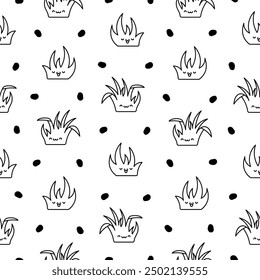 Kawaii natural lawn grass. Seamless pattern. Coloring Page. Cartoon cute garden characters. Hand drawn style. Vector drawing. Design ornaments.