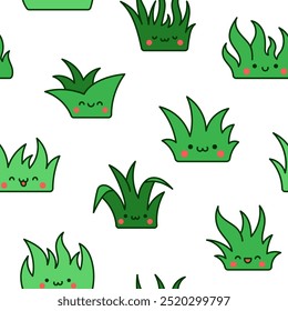 Kawaii natural lawn grass. Seamless pattern. Cartoon cute garden characters. Hand drawn style. Vector drawing. Design ornaments.