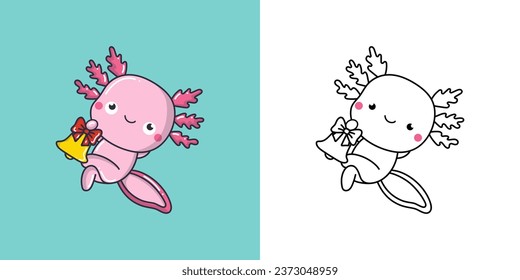 Kawaii New Year Axolotl Clipart Multicolored and Black and White. Cute Kawaii Christmas Reptile. Adorable Vector Illustration of a Kawaii Marine Animal for Christmas Stickers. 