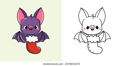Kawaii New Year Bat Clipart Multicolored and Black and White. Cute Kawaii Christmas Animal. Adorable Vector Illustration of a Kawaii Animal for Christmas Stickers. 