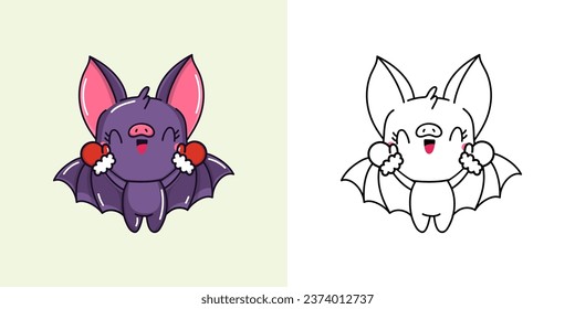 Kawaii New Year Bat Clipart Multicolored and Black and White. Cute Kawaii Christmas Animal. Adorable Vector Illustration of a Kawaii Animal for Christmas Stickers. 