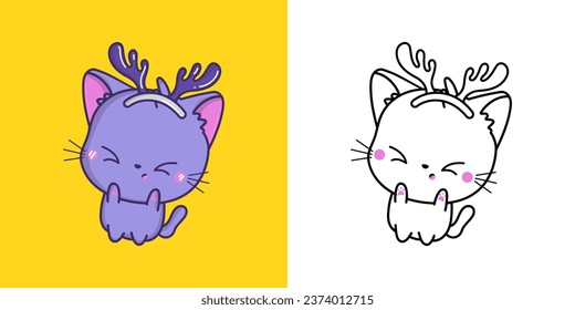 Kawaii New Year Cat Clipart Multicolored and Black and White. Cute Kawaii Christmas Pet. Adorable Vector Illustration of a Kawaii Animal for Christmas Stickers. 
