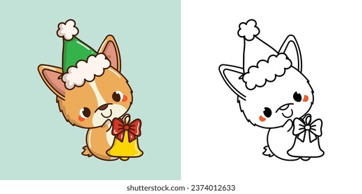 Kawaii New Year Corgi Dog Clipart Multicolored and Black and White. Cute Kawaii Christmas Puppy. Adorable Vector Illustration of a Kawaii Pet for Christmas Stickers. 