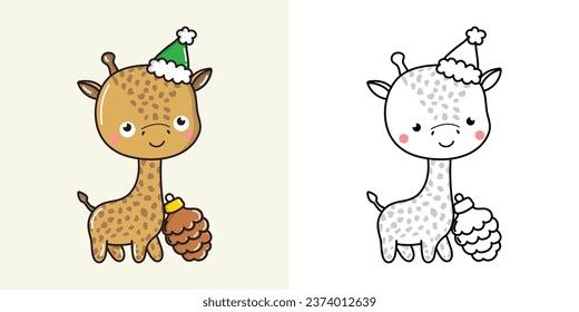 Kawaii New Year Giraffe Clipart Multicolored and Black and White. Cute Kawaii Christmas Zoo Animal. Adorable Vector Illustration of a Kawaii Animal for Christmas Stickers. 