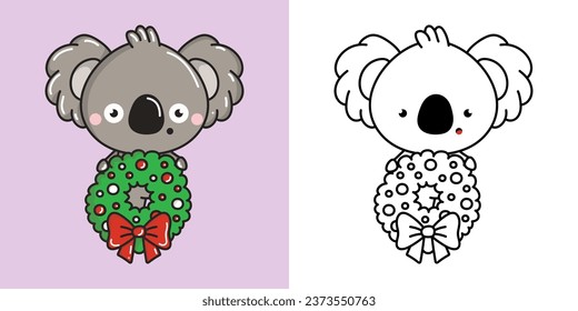 Kawaii New Year Koala Bear Clipart Multicolored and Black and White. Cute Kawaii Christmas Animal. Adorable Vector Illustration of a Kawaii Koala for Christmas Stickers. 