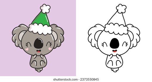 Kawaii New Year Koala Bear Clipart Multicolored and Black and White. Cute Kawaii Christmas Animal. Adorable Vector Illustration of a Kawaii Koala for Christmas Stickers. 