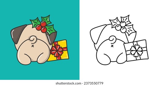 Kawaii New Year Pug Dog Clipart Multicolored and Black and White. Cute Kawaii Christmas Doggy. Adorable Vector Illustration of a Kawaii Pug for Christmas Stickers. 