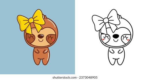 Kawaii New Year Sloth Clipart Multicolored and Black and White. Cute Kawaii Christmas Forest Animal. Adorable Vector Illustration of a Kawaii Animal for Christmas Stickers. 