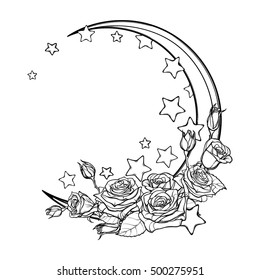 Kawaii Night sky composition with Roses bouquet, stars and moon crescent. Festive background or greeting card. Intricate hand drawing isolated on white. Cute girly art. EPS10 vector illustration