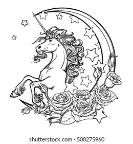 Kawaii Night sky composition with Roses bouquet, stars and moon crescent. Festive background or greeting card. Intricate hand drawing isolated on white. Cute girly art. EPS10 vector illustration