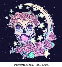 Kawaii Night sky composition with Skull, Roses, stars and moon crescent. Festive background or greeting card. Pastel goth palette. Cute girly gothic style art. EPS10 vector illustration