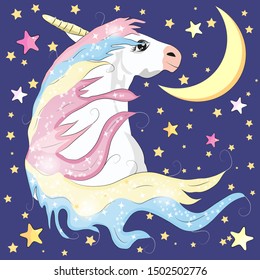 Kawaii Night sky composition with Unicorn Roses stars and moon crescent isolated on whte background. Festive background or greeting card. Pastel goth palette.