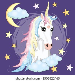 Kawaii Night sky composition with Unicorn Roses stars and moon crescent isolated on whte background. Festive background or greeting card. Pastel goth palette.