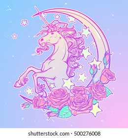 Kawaii Night sky composition with Unicorn Roses,, stars and moon crescent. Festive background or greeting card. Pastel goth palette. Cute girly gothic style art. EPS10 vector illustration