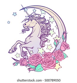 Kawaii Night Himmelszusammensetzung mit Unicorn Roses Sternen und Mond Crescent einzeln auf weißem Hintergrund. Festlicher Hintergrund oder Grußkarte. Pastellgraupalette. Cute girly art. EPS10 Vektorgrafik