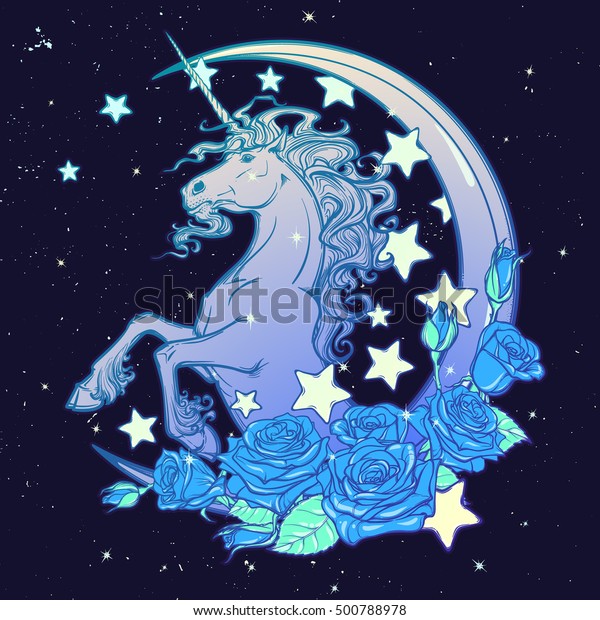 一角獣のバラ 星 月の三日月を使った かわいい夜空 お祝いの背景またはグリーティングカード パステルゴスパレット かわいいガイリー ゴシック調のアート Eps10ベクターイラスト のベクター画像素材 ロイヤリティフリー