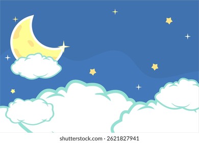 Kawaii night sky with stars and moon, Dreamy background with moon stars and clouds, abstract fantasy background, cartoon 