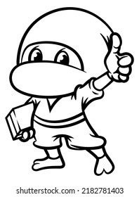 Kawaii Ninja Cartoon character carrying a package as a Courier and make thumb up gesture for a good services sign. Best for sticker, logo, and coloring book with delivery service business themes