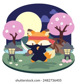 Kawaii Ninja Fox. Cute and Stealthy Nighttime Adventure. Adorable Fox Ninja in Cherry Blossom Garden. Cartoon Ninja Fox with Sword Under the Full Moon.