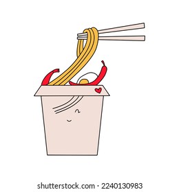 Kawaii noodles with chopsticks. Vector illustration in flat style