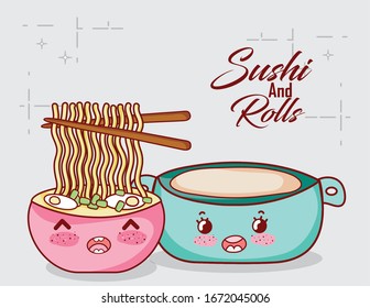 kawaii noodles in stick soup and cooking pot food japanese cartoon vector illustration sushi and rolls