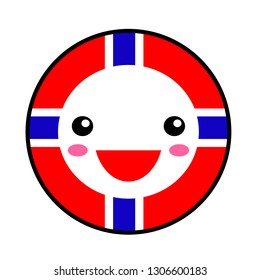 Kawaii Norway flag smile. Flat style. Cute cartoon isolated fun design emoticon face. Vector art anime illustration for celebration holiday decoration element. Business card with template icon.