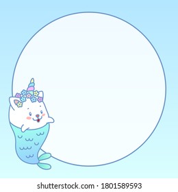 Kawaii notebook page template. Illustration of a little cat mermaid on a pastel gradient background with circle place for text. Vector 10 ESP.
