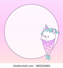 Kawaii notebook page template. Illustration of a little cat mermaid on a pastel gradient background with circle place for text. Vector 10 ESP.