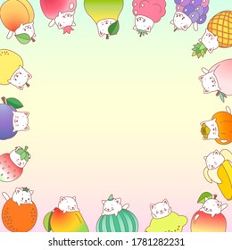 Kawaii notebook page template. Memo pad decorated with fruits and little kittens. Summer background. Can be used for scrapbooking, bullet journals, gift tags, cards and invitations. Vector 10 ESP.