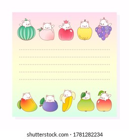 Kawaii notebook page template. Memo pad decorated with fruits and little kittens. Can be used for scrapbooking, bullet journals, gift tags, cards and invitations. Vector 10 ESP.