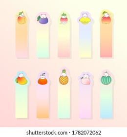 Kawaii notebook page template. Memo pads decorated with fruits and little kittens. Cute school accessories. Can be used for scrapbooking, bullet journals, gift tags and bookmarks. Vector 10 ESP.