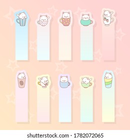 Kawaii notebook page template. Memo pad decorated with cups and little kittens. Cute school accessories. Can be used for scrapbooking, bullet journals, gift tags and bookmarks. Vector 10 ESP.