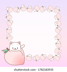 Kawaii notebook page template. Memo pad decorated with peaches and little kittens. Summer background. Can be used for 
scrapbooking, bullet journals, gift tags, cards and invitations. Vector 10 ESP.