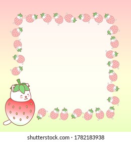 Kawaii notebook page template. Memo pad decorated with strawberries and little kittens. Summer background. Can be used 
for scrapbooking, bullet journals, gift tags, cards and invitations. Vector 10 