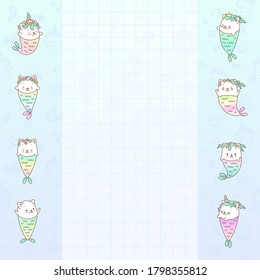 Kawaii notebook page template. Memo page decorated with little cat mermaids on blue background. Can be used for scrapbooking, bullet journals, gift tags, cards and invitations. Vector 10 ESP.