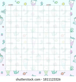 Kawaii notebook page template. Memo page decorated with little kitten mermaids. Vector 10 ESP.
