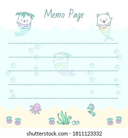 Kawaii notebook page template. Memo page decorated with little kitten mermaids. Vector 10 ESP.
