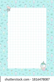 Kawaii notebook page template. Memo page decorated with little mermaid kittens and sea creatures. Vector 10 ESP.
