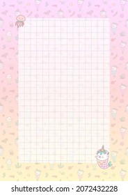 Kawaii notebook page template. Memo page decorated with little mermaid kittens and sea creatures. Vector 10 ESP.